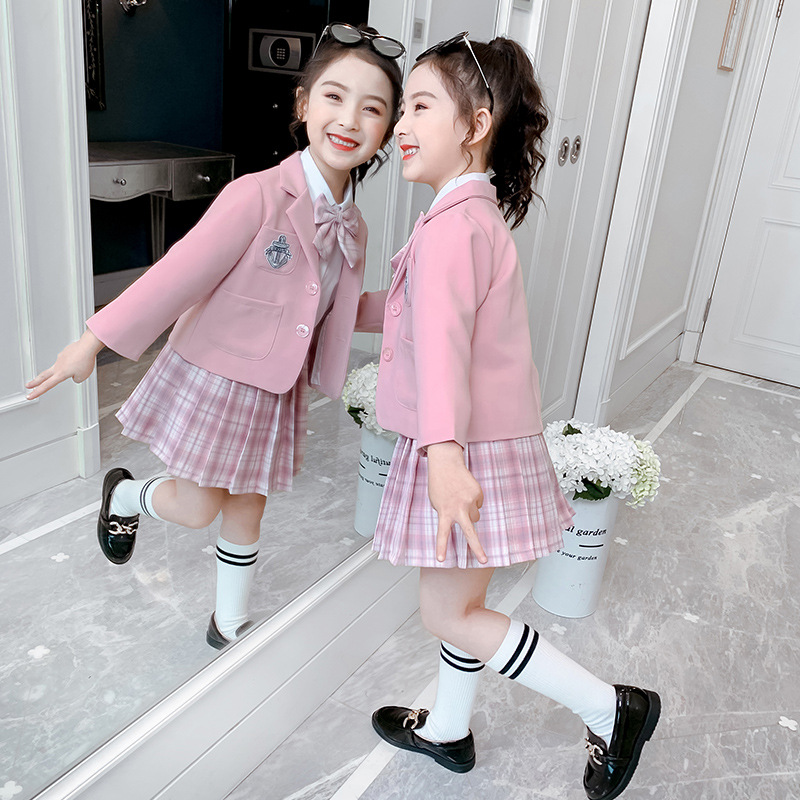 女童西装套装批发2021女孩春装新款洋气网红格子西装女童三件套潮