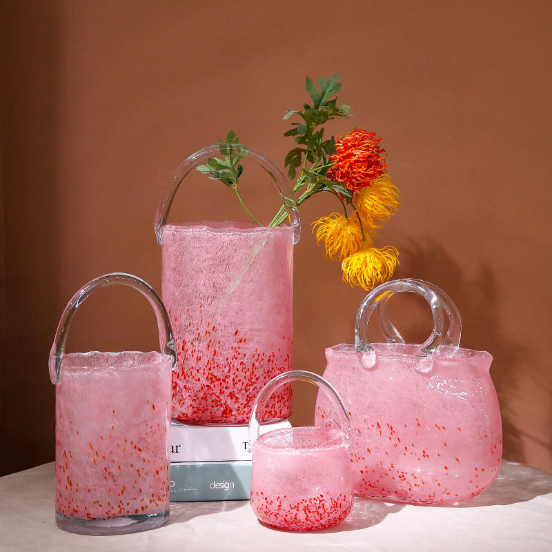 创意北欧新品手提篮水培花器粉色包包玻璃花瓶家居装饰摆件