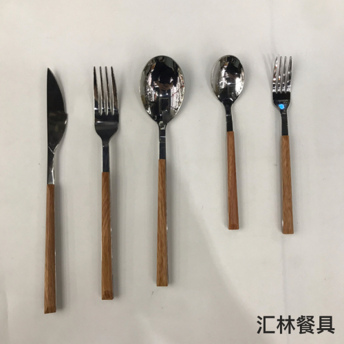cross-border hot sale 410 stainless steel western tableware imitation wood grain square handle hotel steak knife and fork spoon kit