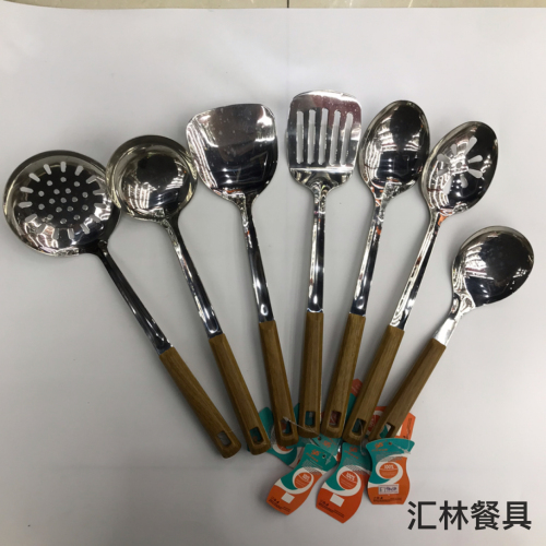 201 stainless steel kitchenware batch barrettes handle imitation wood grain soup colander spatula leaking long tongue spoon short rice spoon can be customized