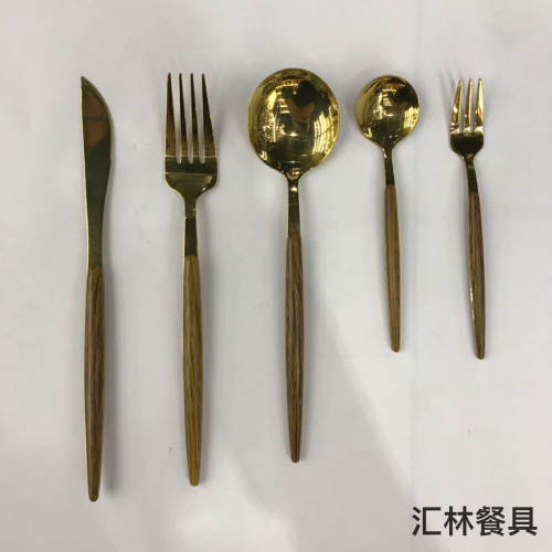 [huilin] cross-border hot sale 430 stainless steel western tableware clip handle portuguese gold-plated knife and fork spoon kit