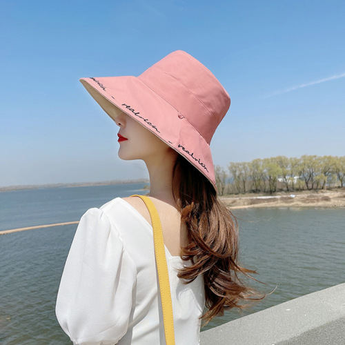 Activity Korean Casual Big Brim Fisherman Hat Female Japanese Ins basin Hat Double-Sided Sun Protection Sun Protection Personality Letters Hat 