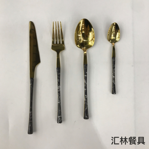 factory direct sales 430 stainless steel western tableware small waist black marble gold-plated knife and fork spoon kit
