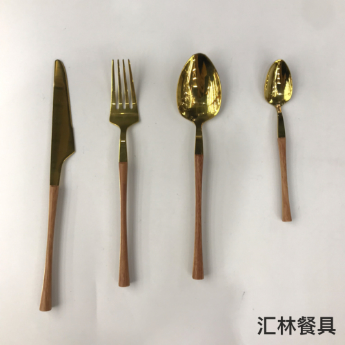 [huilin] factory direct sales 430 stainless steel western tableware small waist wood grain gold-plated knife and fork spoon kit