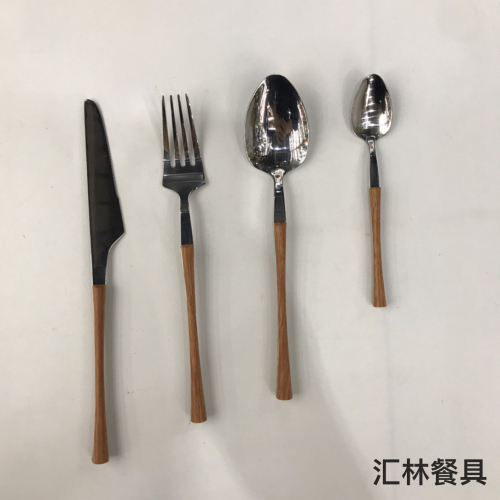 cross-border hot sale 430 stainless steel western tableware small waist wood grain solid color hotel knife and fork spoon kit