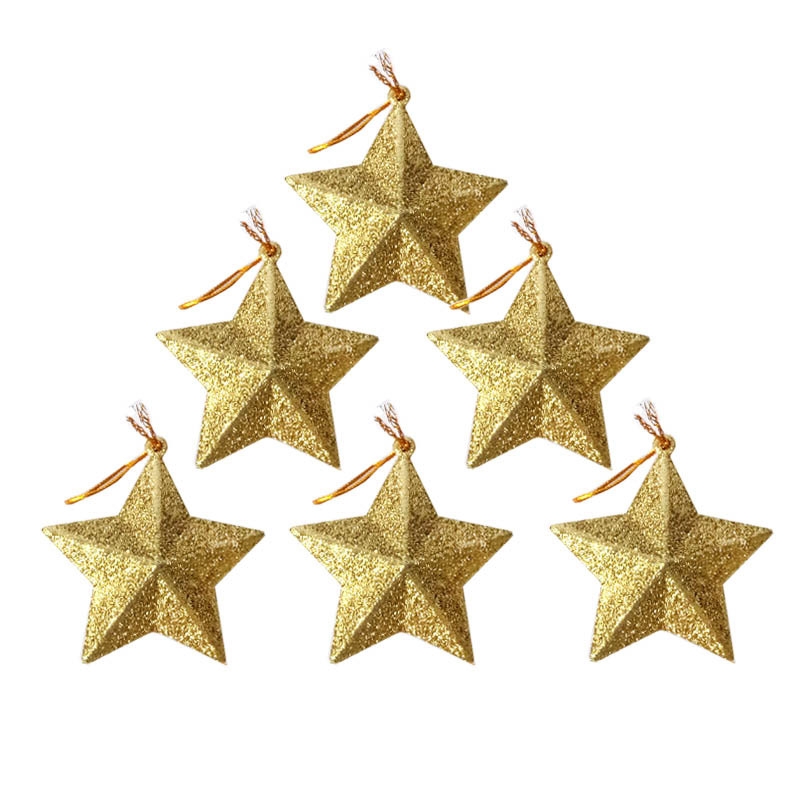圣诞装饰品亮粉五星配件塑料五角星挂件套6圣诞树挂件吊饰批发 ht