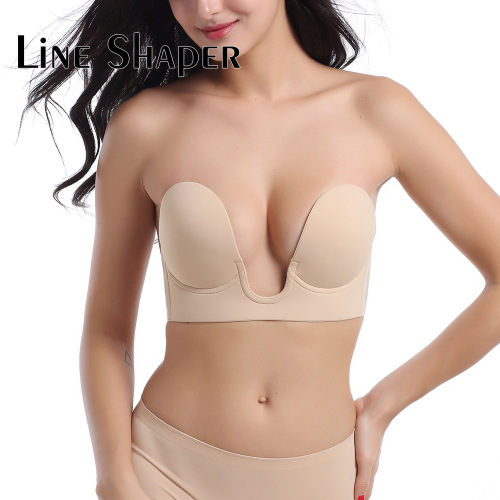 Cross-Border One-Piece Deep U Invisible Bra Strapless Side Wing Gathered Nipple Coverage Silicone Nipple Sticker Breathable Underwear Female