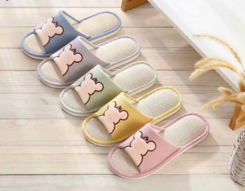 spring and summer home slippers men and women couple korean striped linen slippers indoor non-slip japanese thick bottom cute bear