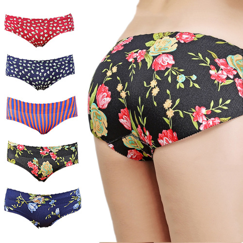 Seamless Seam Women‘s Low-Rise Underwear Fake Butt Feng Hip Lifting Underwear Women‘s Printed Flower Women‘s Briefs Foreign Trade