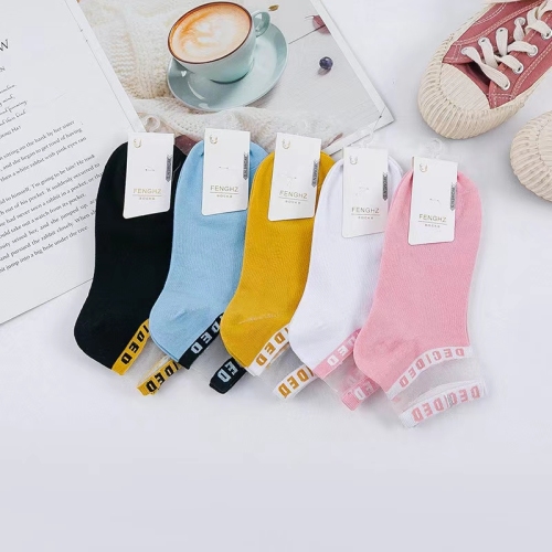 socks women‘s lace spring and summer transparent glass stockings letter color matching crystal silk mid-calf cotton socks ins stall tide socks