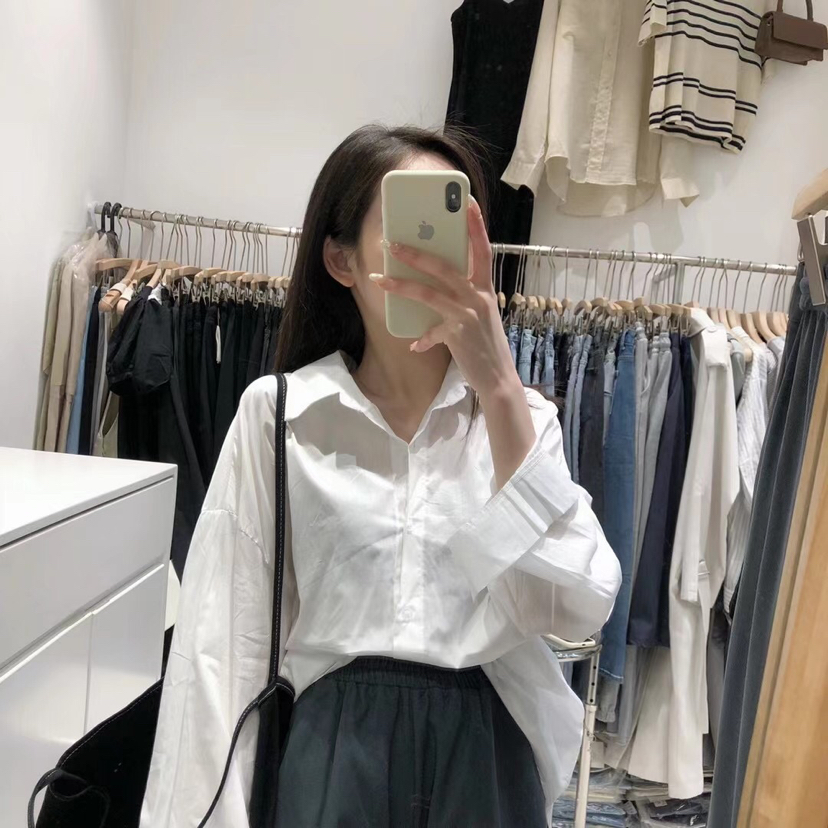 衬衫女中长款2021春夏季韩国新款纯白色百搭宽松外穿长袖衬衣上衣
