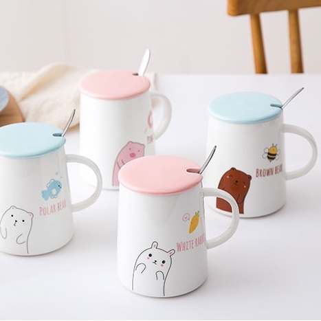 creative trend cute ceramic cup student korean style mug with lid and spoon water cup household breakfast coffee cup