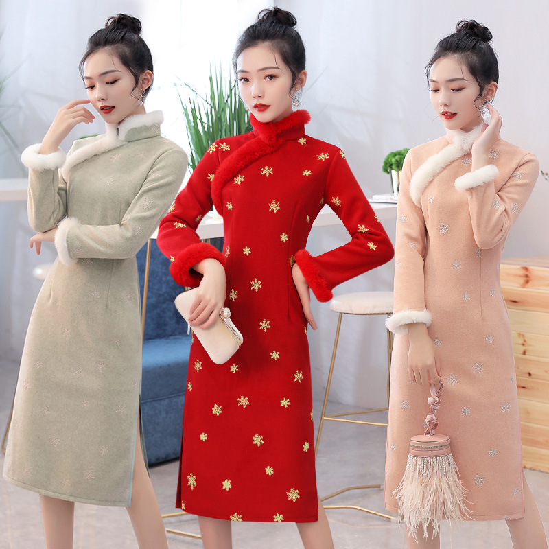 2021新款改良版中长款冬季保暖加厚毛呢长袖旗袍修身中国风连衣裙