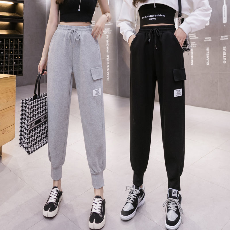 工装休闲运动裤2021春秋新款女装高腰灰色卫裤束脚显瘦裤子女夏