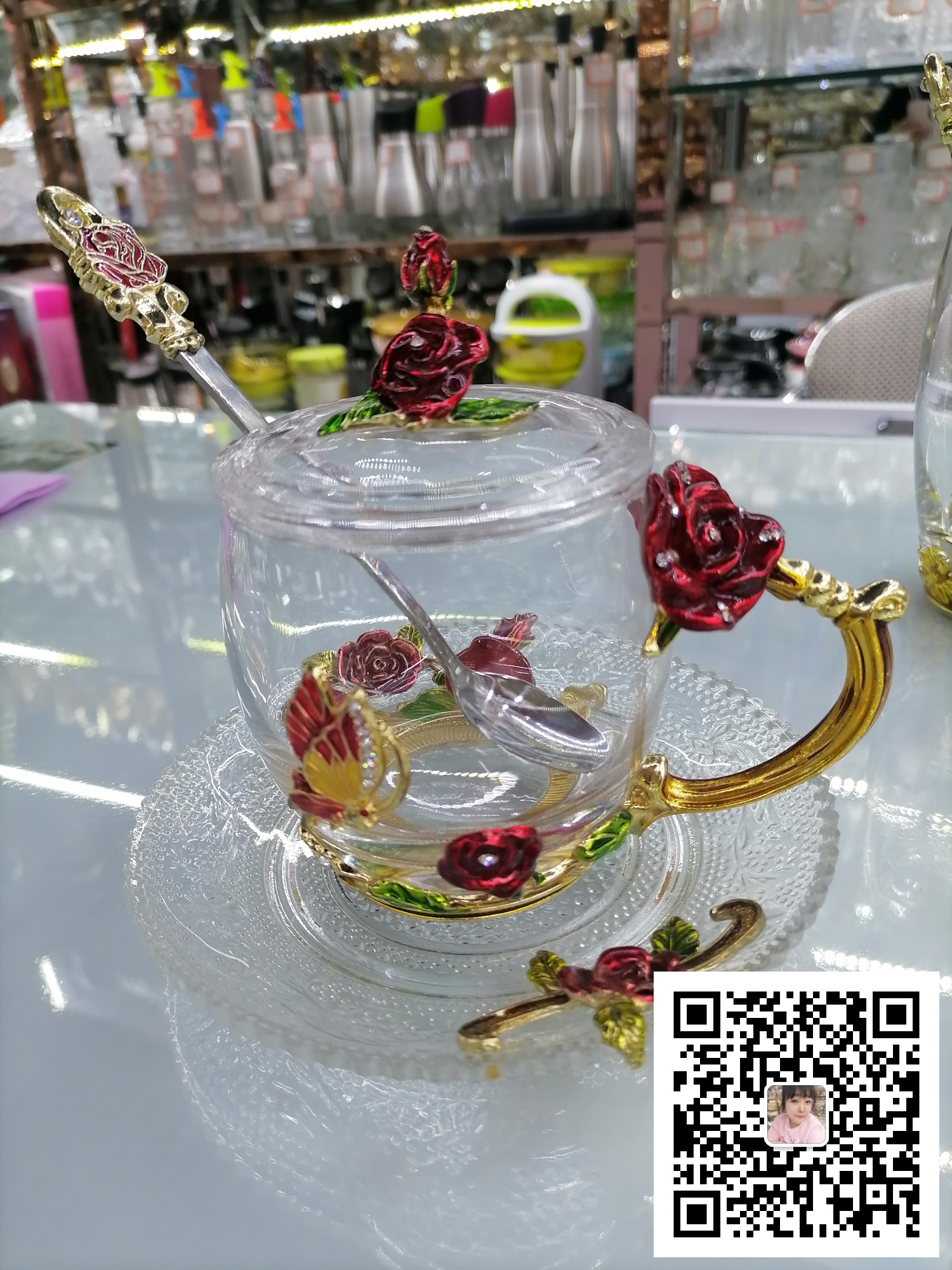 玻璃杯精品水杯咖啡杯玻璃杯礼盒套装托盘茶杯玫瑰花珐琅杯带花杯