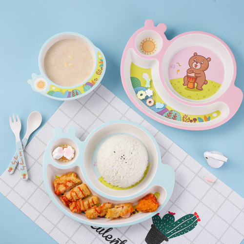 Creative New Bamboo Fiber Tableware Portable Bowl Dish & Plate Set Cartoon Cute Compartment Plate Water Cup Fork Spoon 