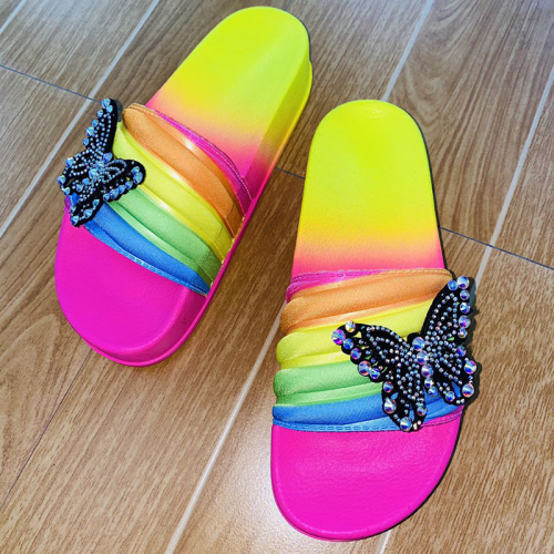 Foreign Trade Wholesale Women‘s Shoes 2021 european and American Fashion Soft Bottom Rainbow Strip Flip Flops Rhinestone Color Sandals Slipper 