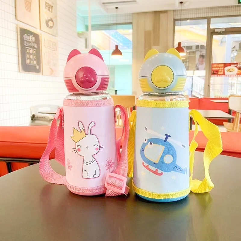 新款大容量卡通背带塑料水杯可爱猫咪便携学生杯密封防漏塑料水壶