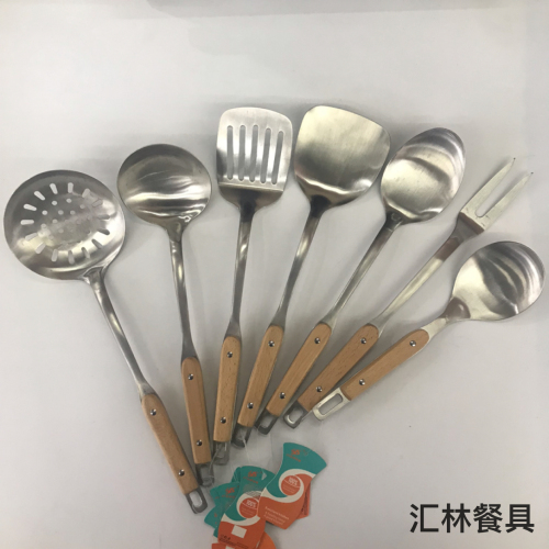 stainless steel kitchenware wholesale double stand wooden handle sanding soup colander spatula long tongue spoon short rice spoon customizable logo