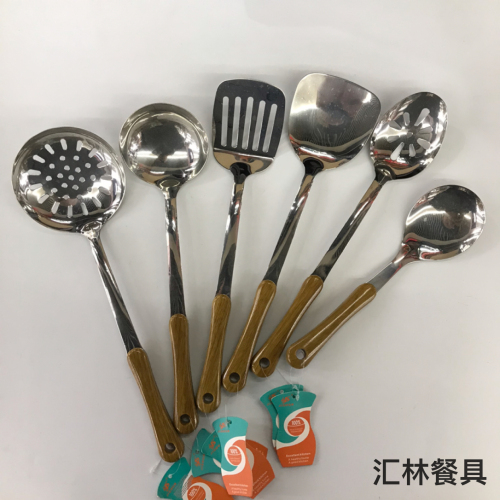 201 stainless steel kitchenware wholesale gourd wood grain soup colander spatula long tongue spoon short rice spoon customizable logo