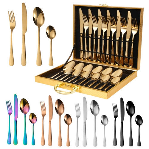 factory direct supply stainless steel tableware 1010 knife， fork and spoon western food set 24-piece logo customized wooden box tableware