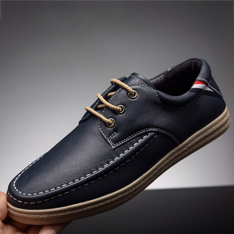 休闲皮鞋男真皮青年圆头百搭系带头层牛皮男鞋一件代发shoes men
