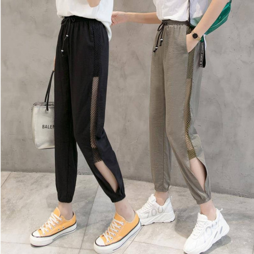 2020 summer new thin mesh harem women‘s loose cropped ice silk wide leg air conditioner casual pants cropped sports pants