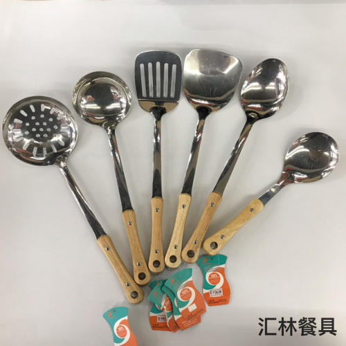 201 stainless steel kitchenware wholesale gourd wooden handle soup colander spatula long tongue spoon short rice spoon customizable logo