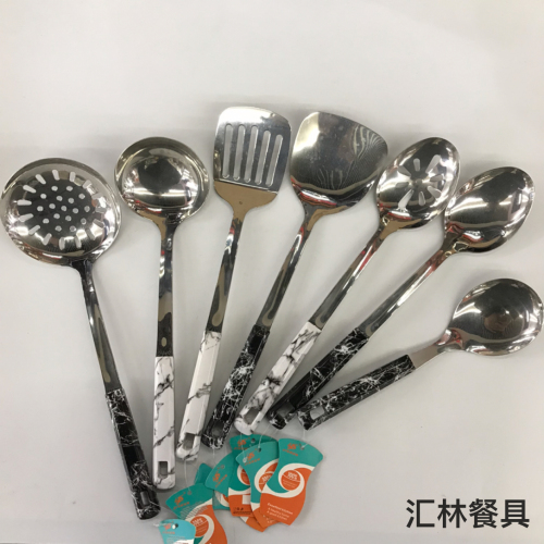 201 stainless steel kitchenware wholesale square handle marble soup colander spatula long tongue spoon short rice spoon customizable logo