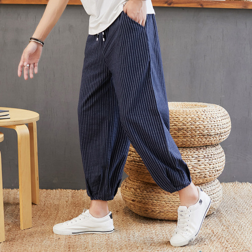 Chinese Style Linen Loose Long Pants Men‘s Striped Casual Bloomers Cotton Linen Wide Leg Ankle-Tied Cropped Harem Pants