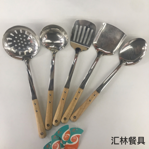 201 stainless steel kitchenware wholesale two nails wooden handle soup colander spatula long tongue spoon short rice spoon customizable logo
