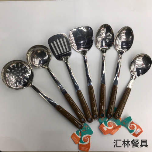201 stainless steel kitchenware wholesale three nails wood grain soup colander spatula leaking long tongue spoon short rice spoon customizable logo