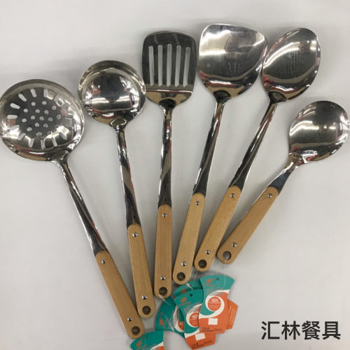 201 stainless steel kitchenware wholesale round head wooden handle soup colander spatula long tongue spoon short rice spoon customizable logo