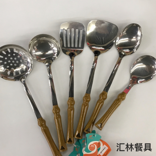 201 stainless steel kitchenware wholesale small waist wood grain soup colander spatula long tongue spoon short rice spoon customizable logo