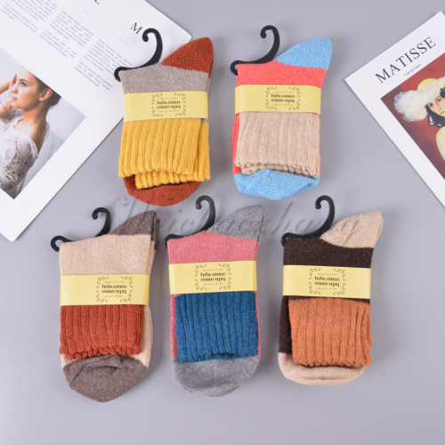 wide mouth mixed color women‘s striped angora wool mid-calf socks cold winter warm thick striped terry warm socks