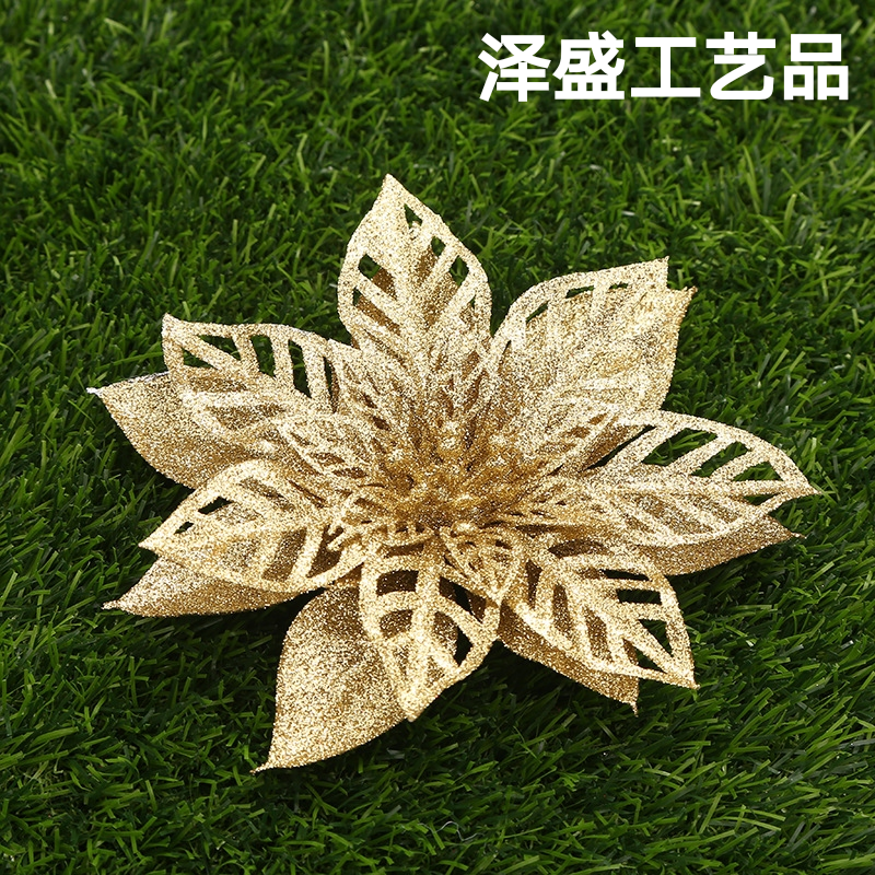 圣诞节装饰品 仿真镂空闪粉装饰花 圣诞花门窗玻璃圣诞树装饰