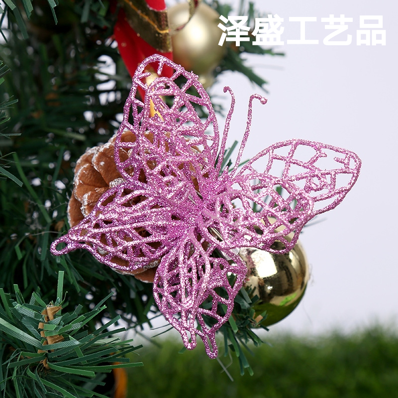 跨境款金葱粉圣诞树装饰 仿真花蝴蝶圣诞节装饰品挂件 http