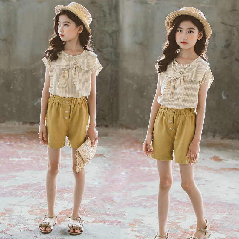 2021夏季新款韩版中大童裤套装条纹无袖不连帽套装