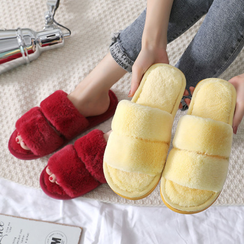 open rabbit fur one-word winter wooden floor slippers women‘s warm fur cotton home open japanese style
