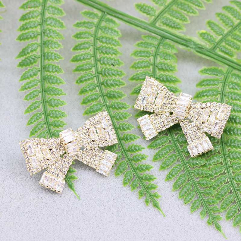 韩国耳饰s925银针电镀真金杨超越同款新款潮镶钻锆石蝴蝶结耳环女