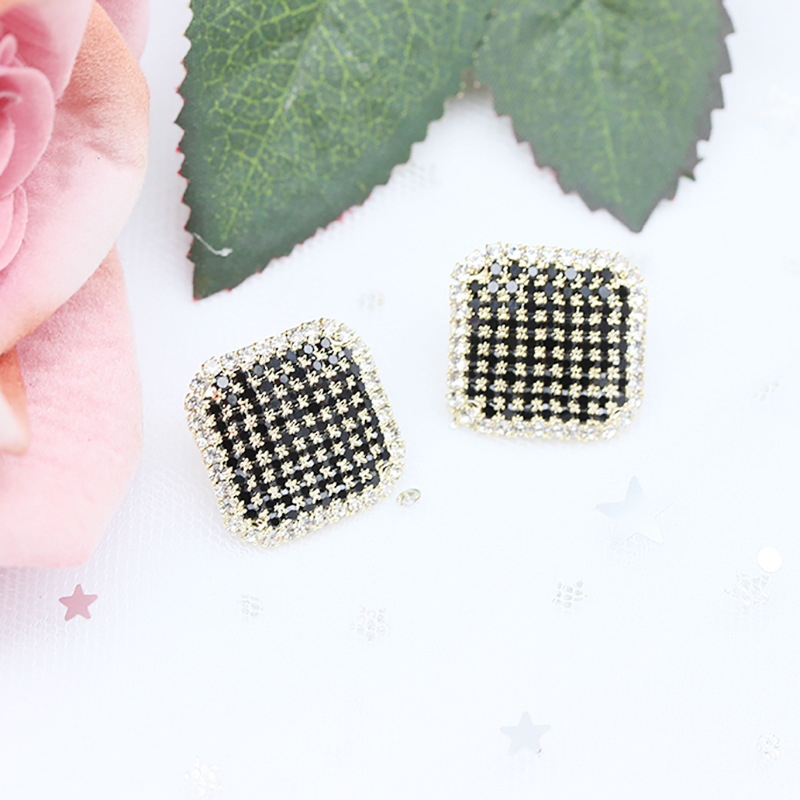 电镀真金韩国s925耳环2021年新款张雨绮同款黑色方形镶钻满钻耳钉