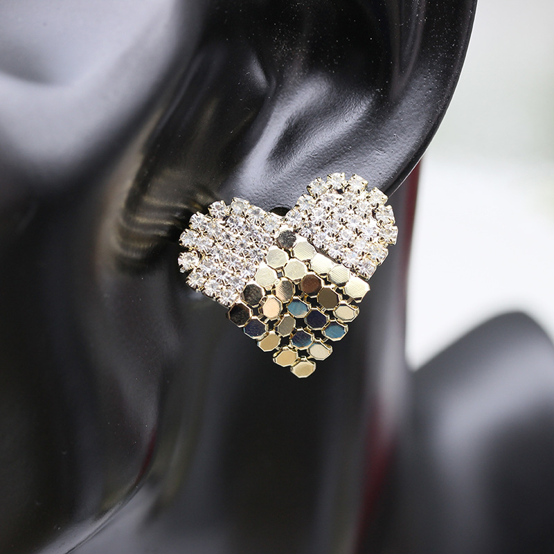 s925银针韩国东大门电镀真金耳饰满钻闪耀爱心耳钉桃心心形耳环女