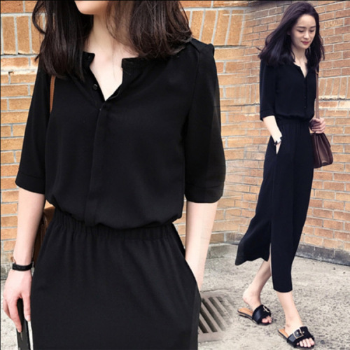 summer french chiffon dress female temperament korean style fifth sleeve slimming large size women‘s clothing mid-length waist-slimming dress