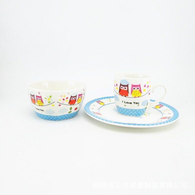 儿童陶瓷三件套餐具 可爱卡通图案 陶瓷杯子 碗 盘子套具