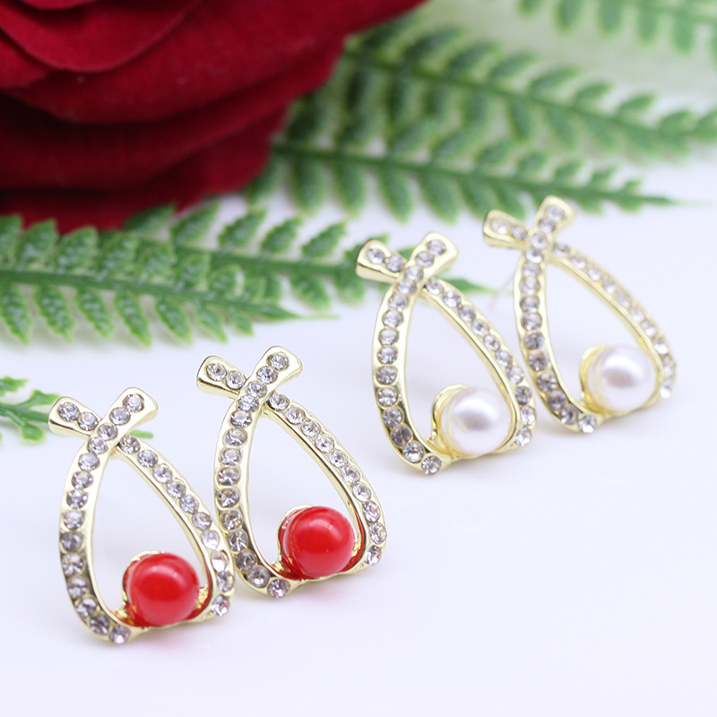 s925银针韩版耳饰时尚简约镶钻耳钉蝴蝶结交叉水钻红色珍珠耳环女