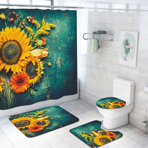 Sunflower Series Cross-Border Supply Polyester Shower Curtain Bathroom Four-Piece Set Toilet Floor Mat Three-Piece Set Customization