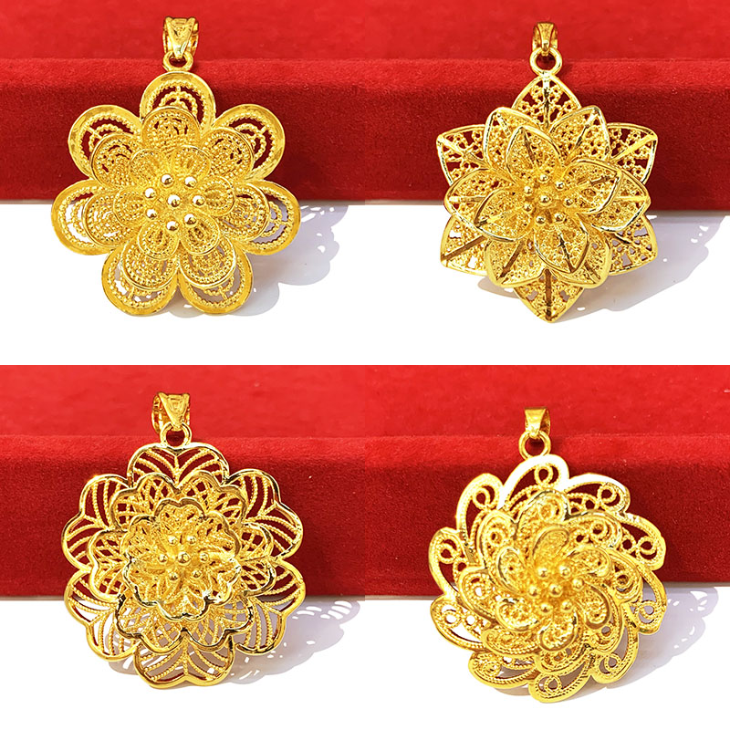 沙金富贵花开吊坠女大号花头坠子批发真仿黄金色999镀金保色项链