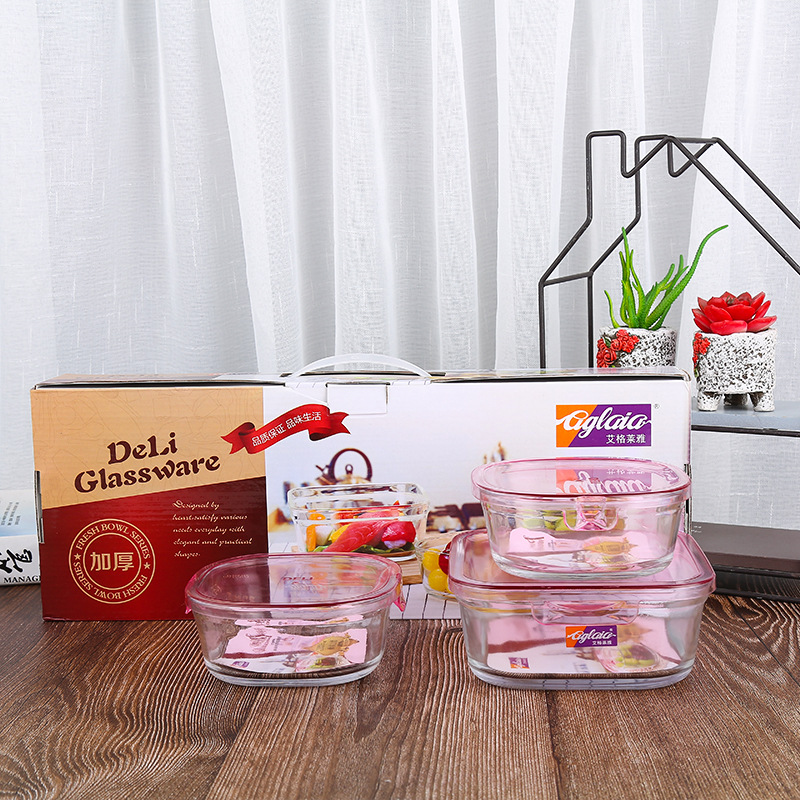 微波炉玻璃饭盒加热保温饭盒学生饭盒晶彩系列保鲜碗三件套礼盒装