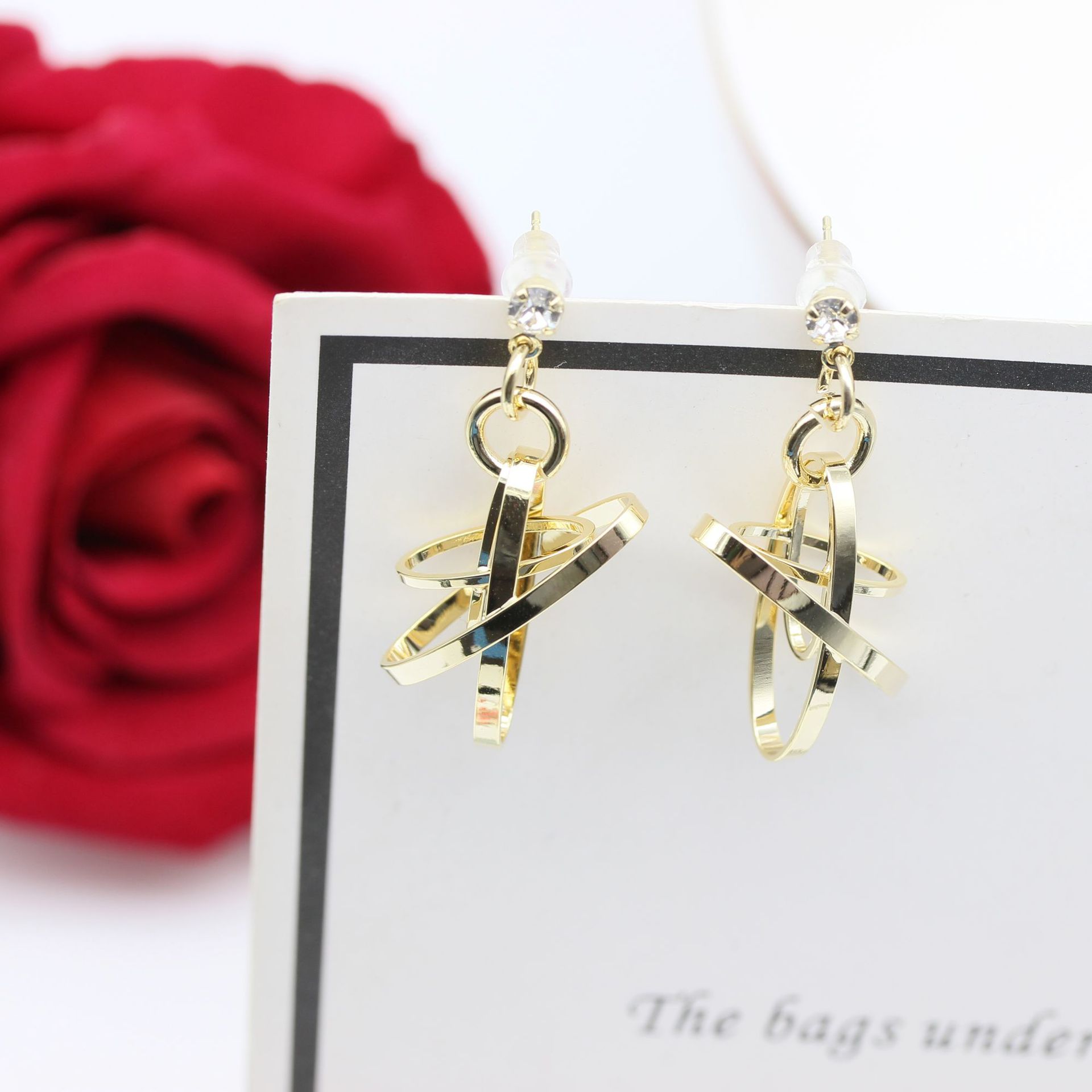 2021新款耳饰韩国s925银针真金耳坠立体拼接冷淡风交叉金属耳环女