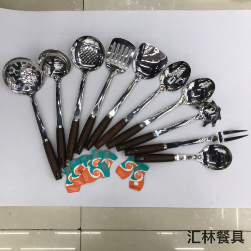 201 stainless steel kitchenware round head with wooden handle porridge colander spatula flat shovel long tongue drain spoon short rice spoon can be customized